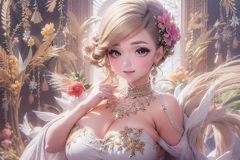 50 year old mature woman, Looking at the audience, Attractive breasts,Sensual curves、bubble、Full Body Shot,Nightgown, Charming smile, Thick lips, plump唇, blush, Looking at the audience, Provocative expression, Beautiful Hairstyles, Cleavage, plump、Curvy Hips、Attractive face、Mischievous face、Sexy Lingerie、An inviting gaze、Expressing emotions、colored feather, Money属装飾品, particle, Light, (masterpiece, highest quality, highest quality, Official Art, beautifully、aesthetic:1.2), (1 girl:1.3), Very detailed,(Fractal Art:1.1),(colorful:1.1)(flowerズ:1.3),Most detailed, (Dynamic pose), (Shiny skin), (Many colors :1.4), ,(Earrings:1.4), (feather:1.4),masterpiece, 30~40 years, Mr.々Hair style,Moneyのヘッドバンド,Tulle covers the chest,Perfect balance, Detailed details of the garment,marble,cinematicLighting, Film Grain, contrast of Light and dark,High detail,(((Gorgeous Accessories))))、Openwork decoration,(((See-through dress)))、(((Anatomically correct body))) ,1 girl, (High resolution), (8k), (Very detailed), Perfect Face, Beautiful eyes and face, (((highest quality))), (Very detailed), Detailed face and eyes, Beautiful Eyes,(((Sexy pose,Beautiful Eyes、Transparent double eyelids、(((Super gorgeous background)))、Bright Eyes,Money,diamond,gem,Body Chain,Luxury Accessories,beautifully、aesthetic,flower、(((Super gorgeous background)))、Bright Eyes