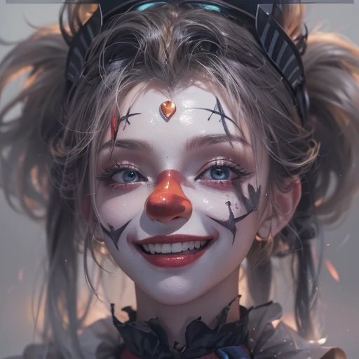 Standing in the grave、Hair flow、 ((highest quality、masterpiece、8k、Best image quality、Ultra-high resolution、Award-winning works)、(Accurate anatomy:1.1)、(Look at me and smile:1.1)、Shining fair skin with Ultra-high resolution、The most detailed face、Ultra-high resolution detailed face、Ultra-high resolutionの髪の毛、(Ultra-high resolution eye:1.1)、Beautiful face drawn in every detail、Cheerful clown costume, Chest to chest, Strange atmosphere, Ghosts flow, Dark Light, At the cemetery, Heavy makeup