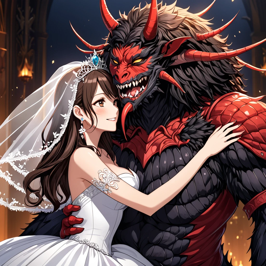 ((highest quality)), ((masterpiece)), (detailed), (Perfect Face)、The woman is Marina Katsuragi, with medium-long brown hair and an engagement ring decorated with a fly.、A woman wearing a wedding dress with a fly motif, a fly motif veil, a fly motif tiara, fly earrings and other accessories are all fly motifs, and the Demon King of Flies, Beelzebub, is carrying her in his princess carry, and she is hugging and kissing him with a happy smile. She is loved and favored by the Demon King of Flies, Beelzebub.、The man is Beelzebub, the monstrous demon king of flies, and while caressing the woman, he picks her up in a princess carry, holds her close, and rubs her cheek against his, then extends his tongue and puts it in the woman's mouth, kissing her and caressing her.