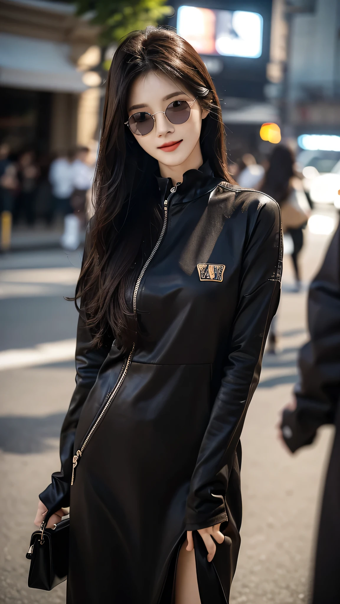 ​masterpiece、top-quality)、1 beautiful girl walk arow the shopping mall , ((Wearing black sunglasses )), (Detailed beautiful eyes), ((Detailed skin)) , ((Detailed medium hair)), Walk around the store、((Boyish Brown Medium Hair))、((Smaller face))、((Neutral face))、((Light brown eyes))、((Korean Girl))、((18year old))、((cool lady))、((A shy smile on his face))、((Korean Makeup))、((elongated and sharp eyes))、((Happy dating))、((boyish))、on the wvilla), ((CG rendering)), ((Blurred background)), ((16K)),  ((Very detailed)), ((wallpaper)), ((depth of field)), ((movie light)), (( Ray tracing)).