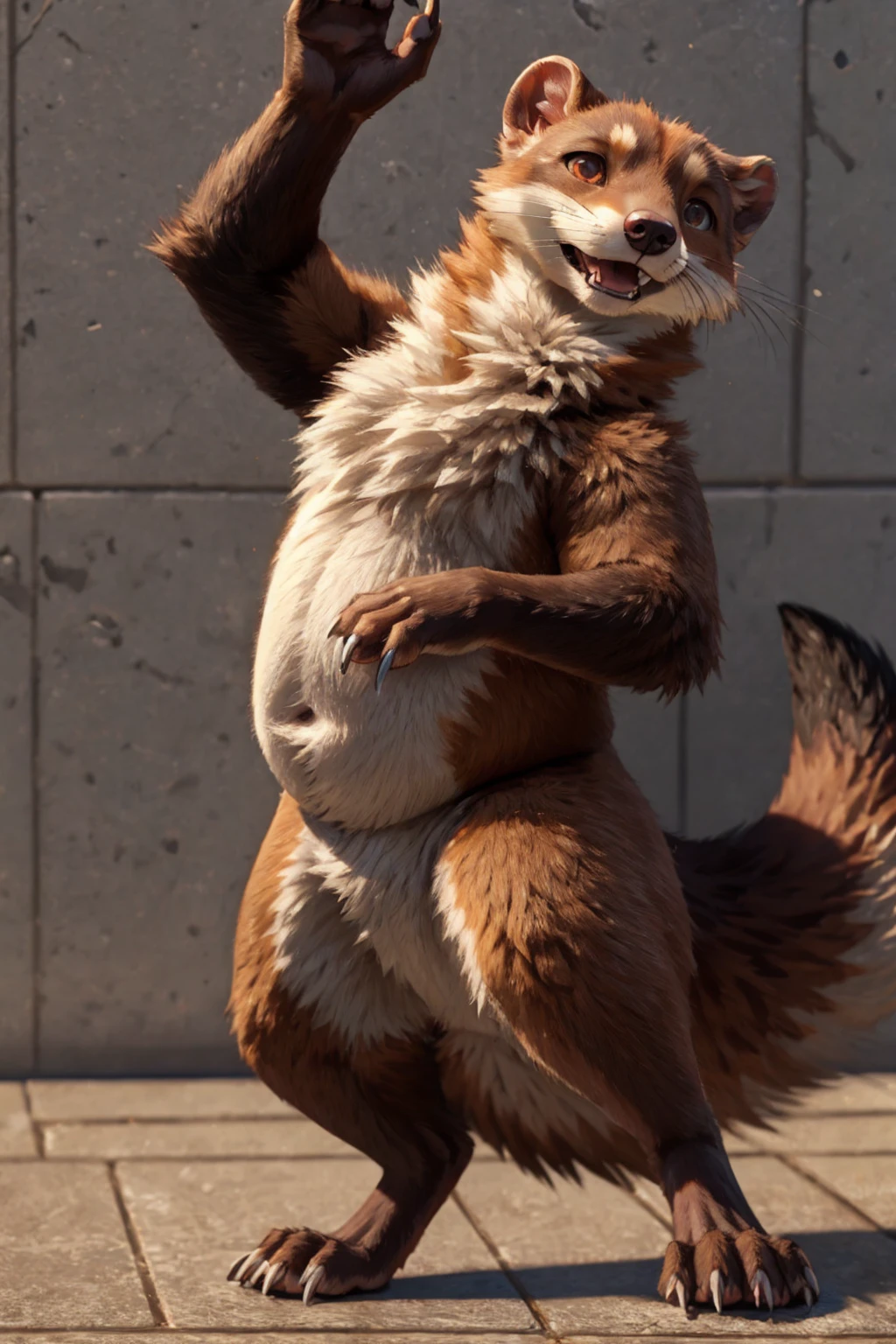 Fluffy Yellow Weasel、Fat Weasel、Obese abdomen、Itachi looking to the side、Full body weasel fur、Composition looking up from diagonally below、Barking Weasel、Concrete Background、Wide-legged pose、Long body、very short legs、Sharp claws on the toes、Pose with hands raised up、Hairless head、Full body weasel fur皮、Howling pose、Upward facing face、Very long and profuse armpit hair、Weasel's Tail