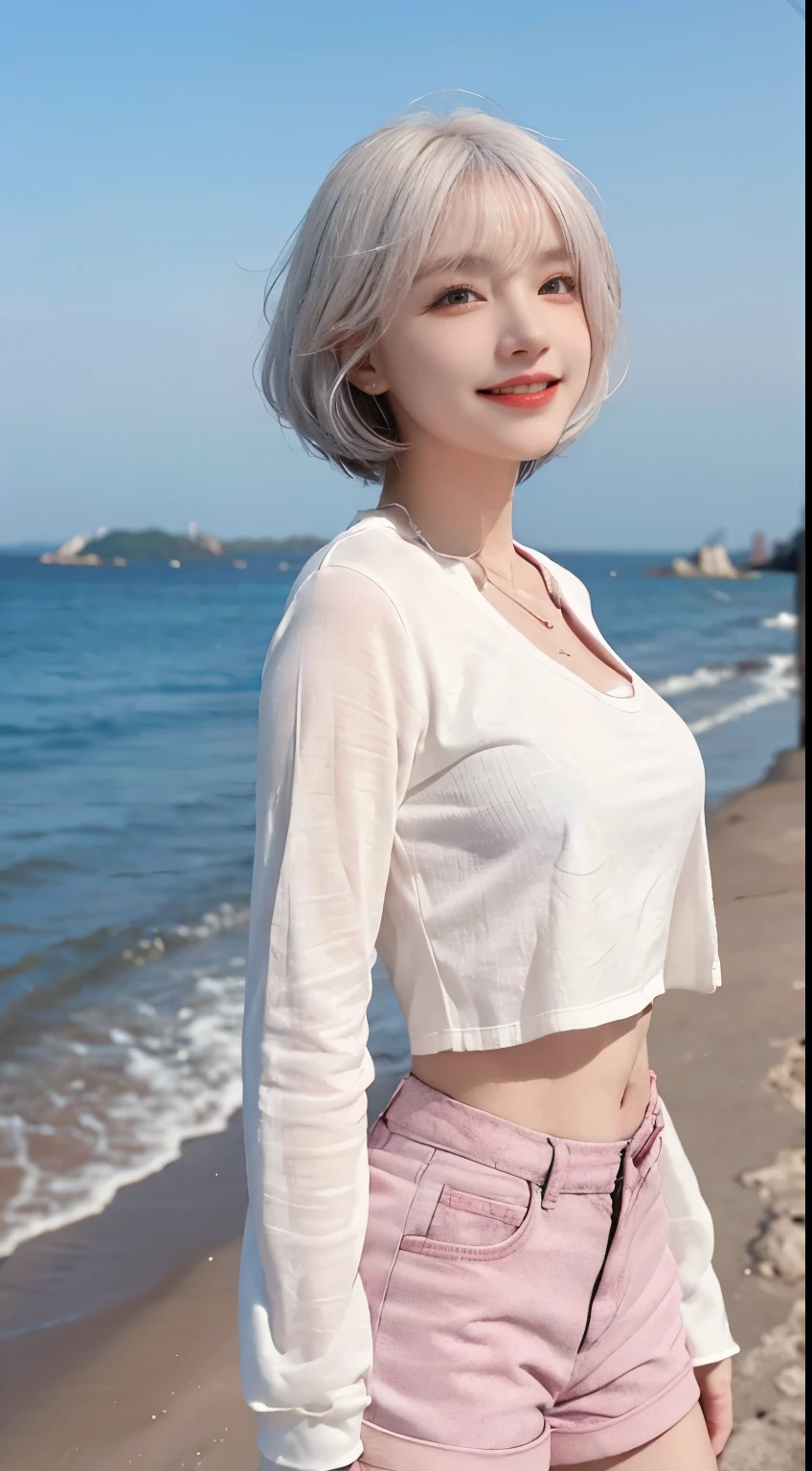 Best image quality、RAW Photos、超A high resolution、21 years old Korean、Small breasts、Dynamic Angle、Cowboy Shot、Chaos in its most beautiful form、elegant、Brutalist Design、Vibrant colors、Beautiful white hair、Short Bob、smile、fun、smile、Glowing White Skin、Beautiful eyes with random colors、Very thin lips、Beautiful eyes in every detail、length, Narrow eyes、Cheeks are pale pink、length eyelashes、Beautiful double eyelids、eye shadow、Bright white hair、Black cropped top、Lightweight see-through jacket、hot pants、Sandy Beach、Shooting from the side