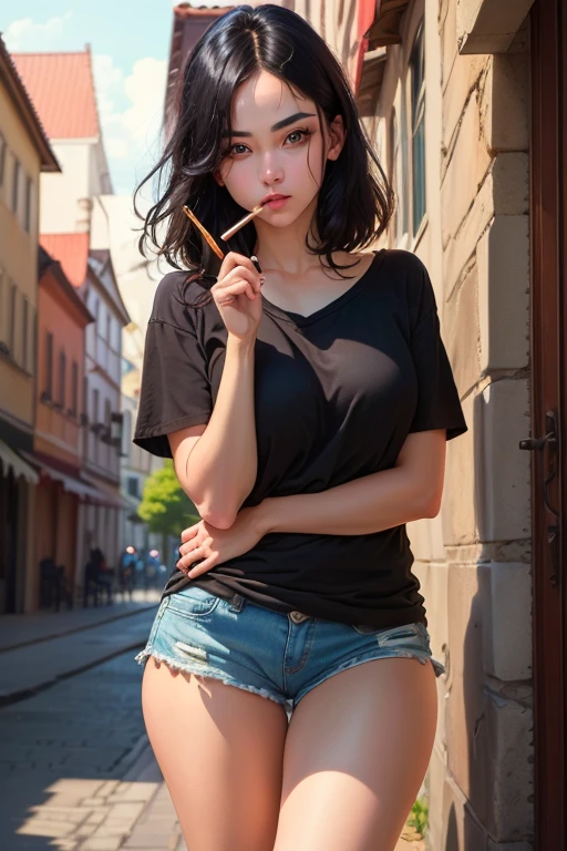 ((best quality)), ((masterpiece)), (detailed), perfect faces, Wearing shorts, red eyes, black hair