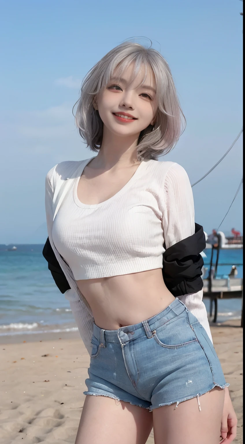 Best image quality、RAW Photos、超A high resolution、21 years old Korean、Small breasts、Dynamic Angle、Cowboy Shot、Chaos in its most beautiful form、elegant、Brutalist Design、Vibrant colors、Beautiful white hair、Short Bob、smile、fun、smile、Glowing White Skin、Beautiful eyes with random colors、Very thin lips、Beautiful eyes in every detail、length, Narrow eyes、Cheeks are pale pink、length eyelashes、Beautiful double eyelids、eye shadow、Bright white hair、Black cropped top、Lightweight see-through jacket、hot pants、Sandy Beach、Shooting from the side