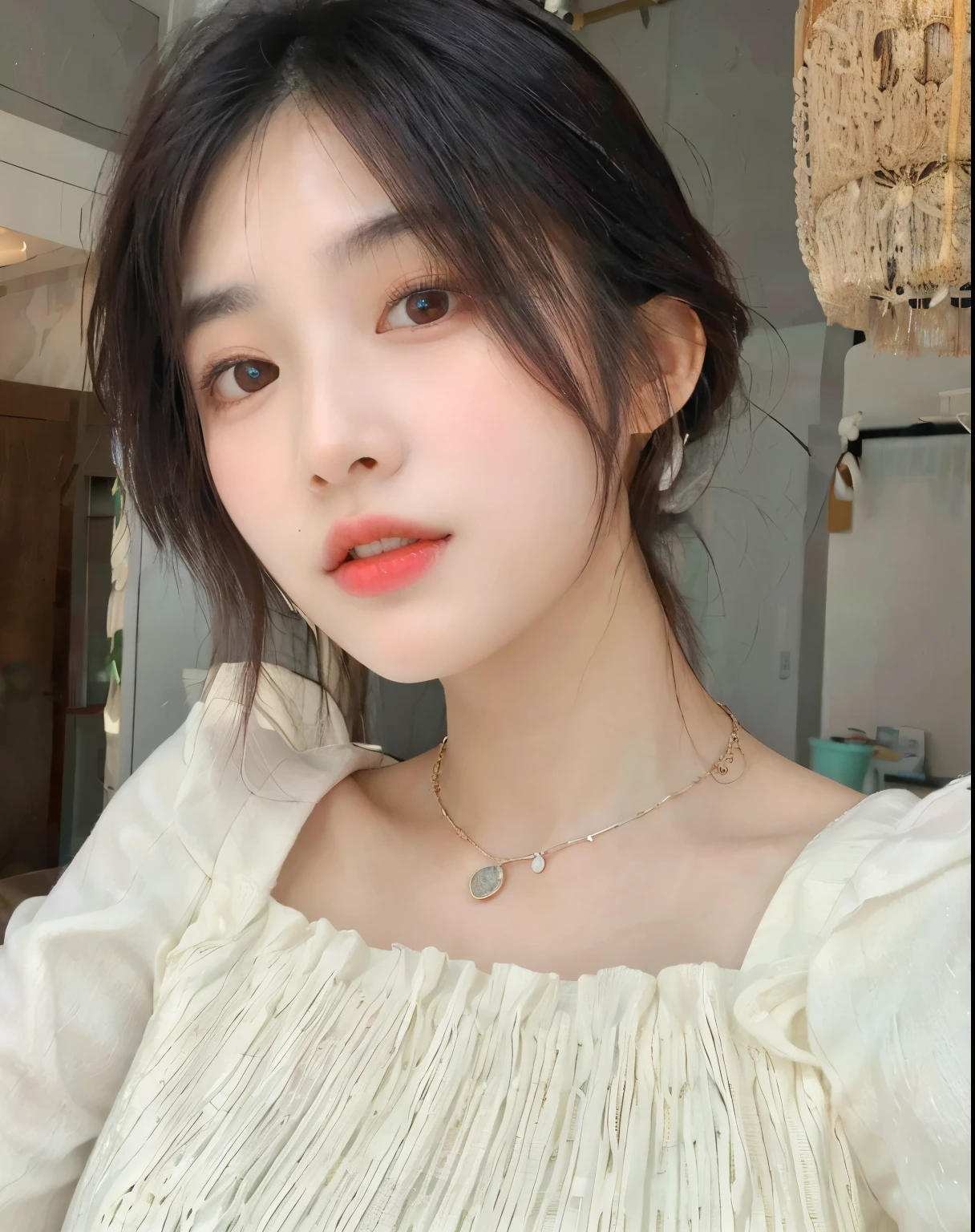 Close up of woman wearing white top and necklace, linda mulher korean jovem, Mulher sul-korean bonita, mulher korean jovem bonita, 젊고 사랑스러운 korean 얼굴, young asian woman, Best Face, korean, Heonhwa Choi, maquiagem sul-korean popular, maquiagem korean popular, White hime cut hairstyle, Mulher korean, Jinyoung Canella, with a round face