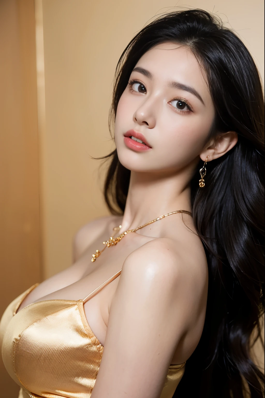 (masterpiece:1.3), (8 thousand, realistic, RAW photos, best quality: 1.4), (1 woman),(very sexy), (Beautiful makeover), (유난히 아름다운 realistic 얼굴), (Build a beautiful body) , (beautiful face), (beautiful face), (long eyelashes), (double eyelid), (realistic face), (black hair. parted, long hair:1.3), (아름다운 parted스타일), (realistic eyes), (really beautiful and delicate eyes), (beautiful and big breasts),(realistic skin), (beautiful skin), (absurd), (attractive), (ultra high resolution), (extremely realistic), (very detailed), (golden ratio), (necklace), (earring), (So beautiful and sexy)