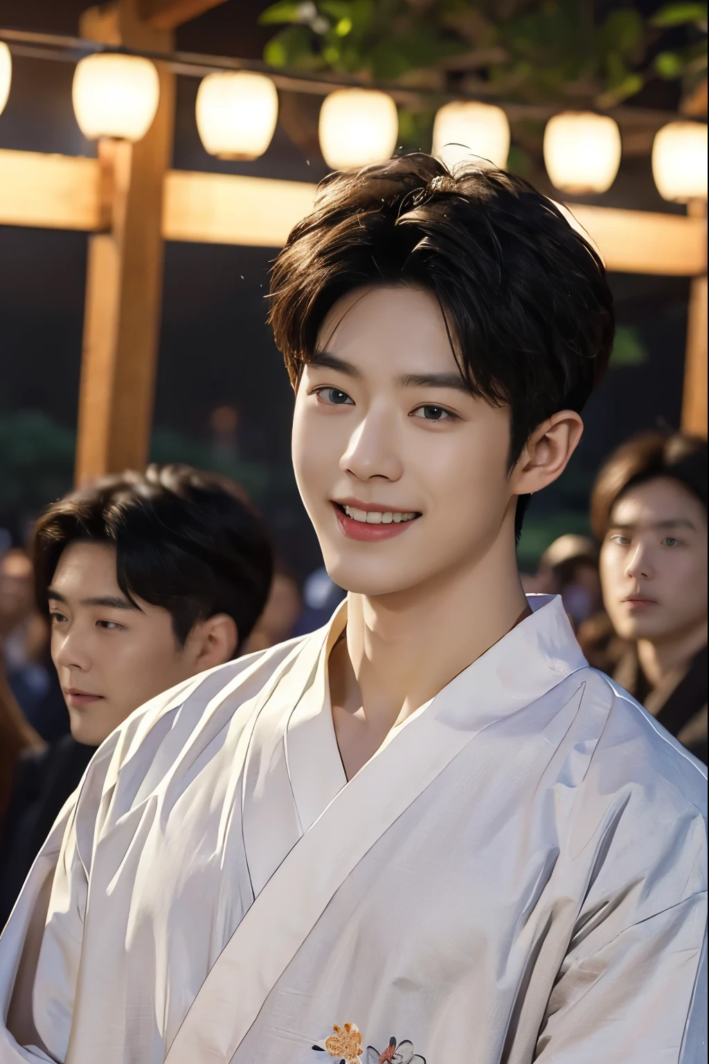 ((Top Quality, Masterpiece, Photorealistic: 1.4, 8K)), Beautiful Lighting, Super Detail, High Quality, High Resolution, Korean man in Japanese Yukata, 25 years old, looking at us and laughing. He is wearing a dark colored yukata and enjoying a Japanese festival. He is staring at us. Background of the festival