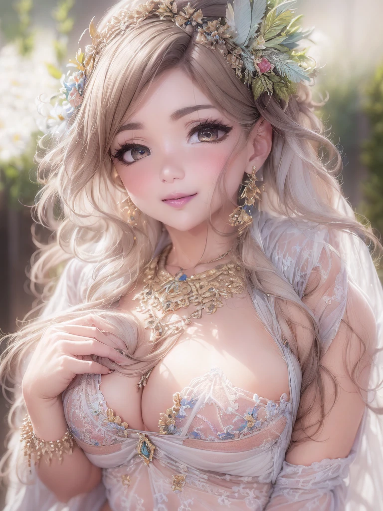 50 year old woman, Looking at the audience, Attractive breastal curves、bubble、Full Body Shot,Nightgown, Charming smile, Thick lips, plump唇, blush, Looking at the audience, Provocative expression, Beautiful Hairstyles, Cleavage, plu Hips、Attractive face、Mischievous face、Sexy Lingerie、An invig gaze、Expressing emotions、colored feather, Money属装飾品, particle, Light, (masterpiece, highest quality, highest quality, Official Art, beautifully、aesthetic:1.2), (1 girl:1.3), Very detailed,(Fractal Art:1.1),(colorful:1.1)(flowerズ:1.3),Most detailed, (Dynamic pose), (Shiny skin), (Many colors :1.4), ,(Earrings:1.4), (feather:1.4),masterpiece, 30~40 years, Mr.々Hair style,Moneyのヘッドバンド,Tulle covers the chest,Perfect balance, Detailed details of the garment,marble,cinematicLighting, Film Grain, contrast of Light and dark,High detail,(((Gorgeous Accessories))))、Openwork decoration,(((See-through dress)))、(((Anatomically correct body))) ,1 girl, (High resolution), (8k), (Very detailed), Perfect Face, Beautiful eyes and face, (((highest quality))), (Very detailed), Detailed face and eyes, Beautiful Eyes,(((Sexy pose,Beautiful Eyesansparent double eyelids、(((Super gorgeous background)))、Bright Eyes,Money,diamond,gem,Body Chain,Luxury Accessories,beautifully、aesthetic,flower、(((Super gorgeous background)))、Bright Eyes