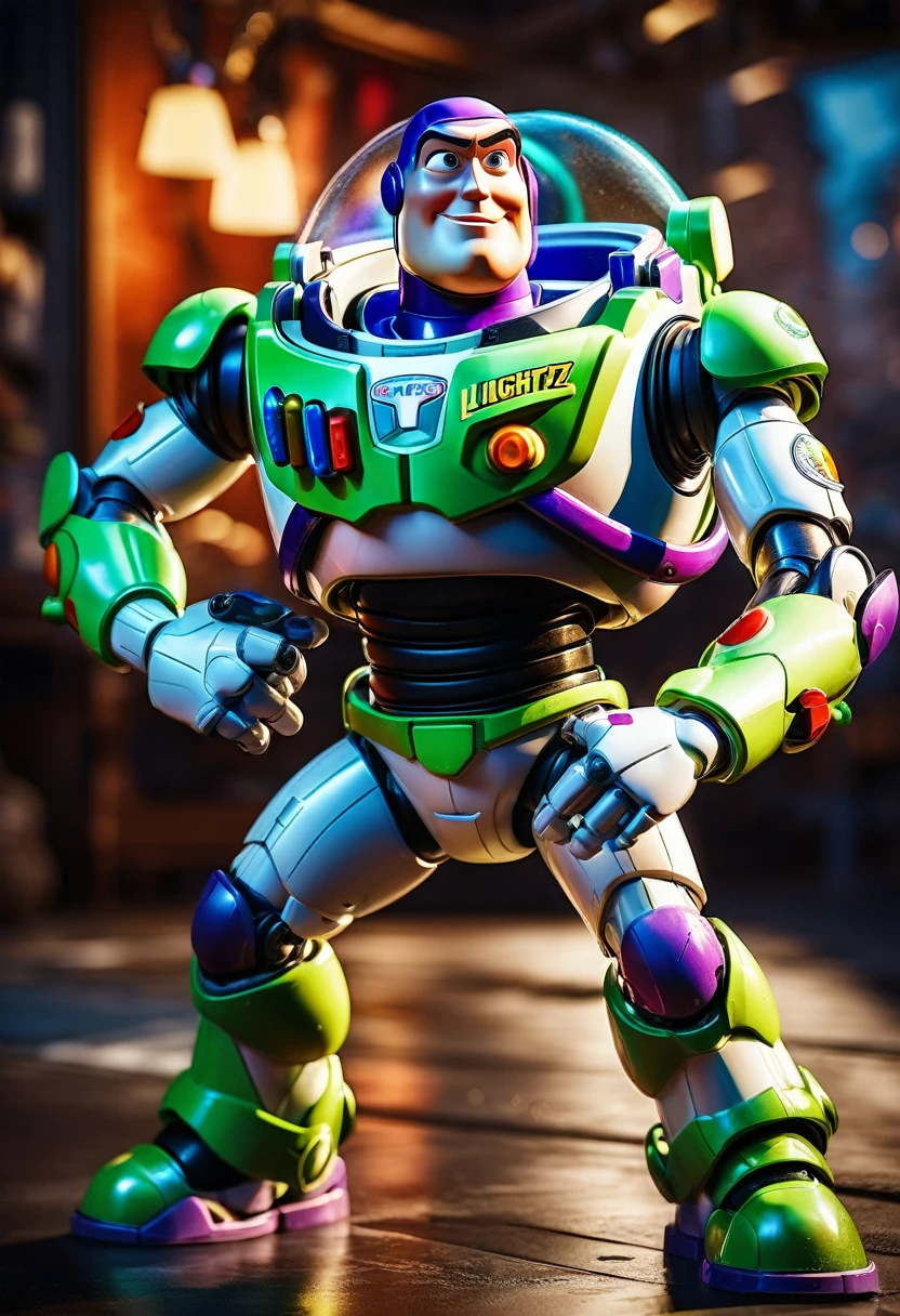Buzz Lightyear, a highly detailed 3d render of buzz lightyear, incredibly realistic, hyperrealistic, 8k, 4k, extremely intricate details, dynamic lighting, cinematic camera angle, metallic textures, glossy paint, shiny plastic, vibrant colors, complex machinery, futuristic design, dramatic pose, heroic expression