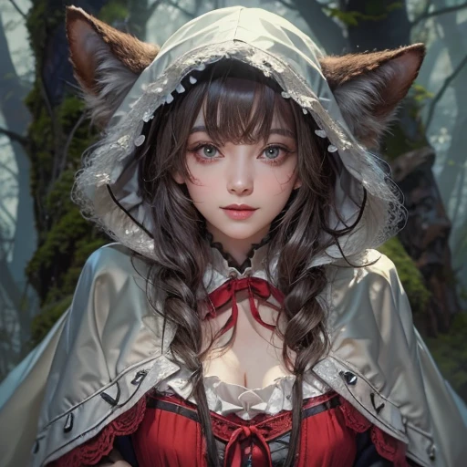 Standing in the forest、Hair flow、 ((highest quality、masterpiece、8k、Best image quality、Ultra-high resolution、Award-winning works)、(Accurate anatomy:1.1)、(Look at me and smile:1.1)、Shining fair skin with Ultra-high resolution、The most detailed face、Ultra-high resolution detailed face、Ultra-high resolutionの髪の毛、(Ultra-high resolution eye:1.1)、Beautiful face drawn in every detail、little red riding hood Costume , Chest to chest, Strange atmosphere, A real werewolf stares at her.., Dark Light, in the forest , Heavy makeup