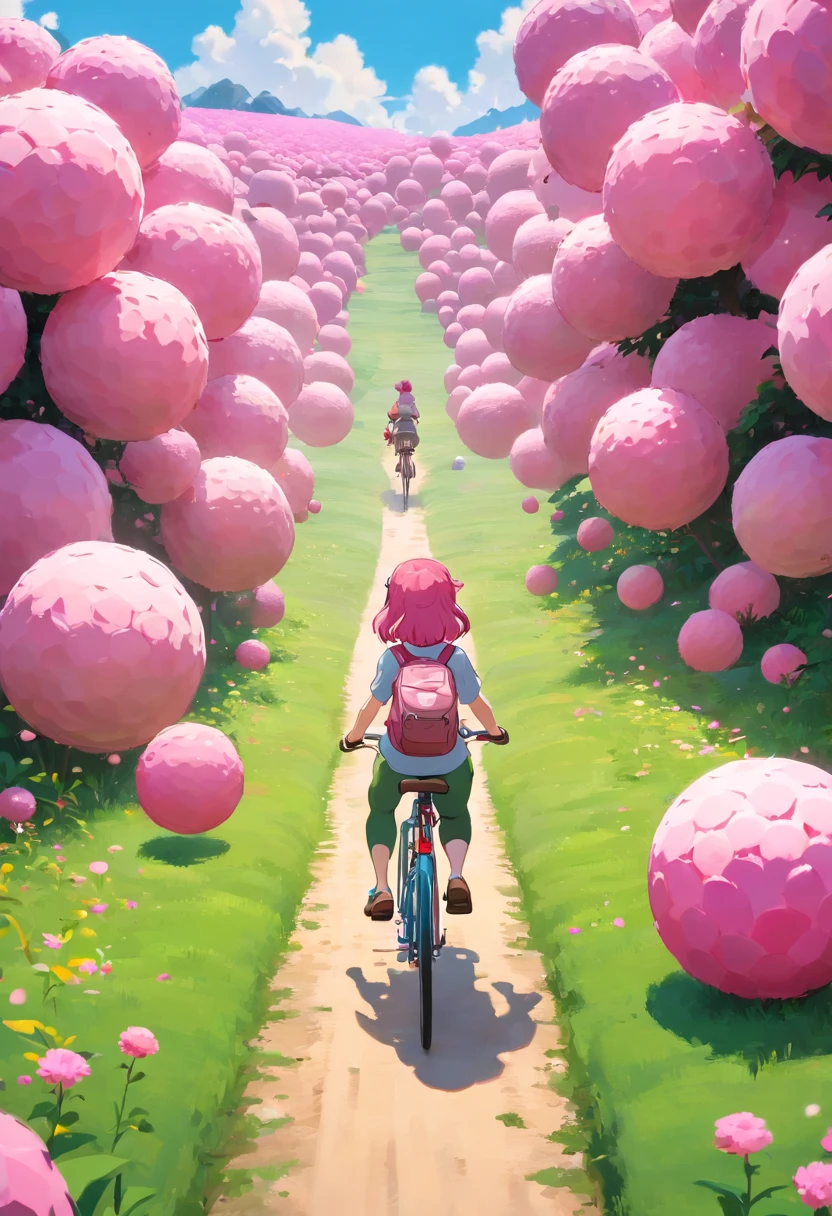 a woman riding a bike through a field of pink balls, a low poly render, inspired by Nagasawa Rosetsu, trending on pixiv, realism, cute girl with short pink hair, beautiful avatar pictures, pink waterfalls, hyper-realistic cg