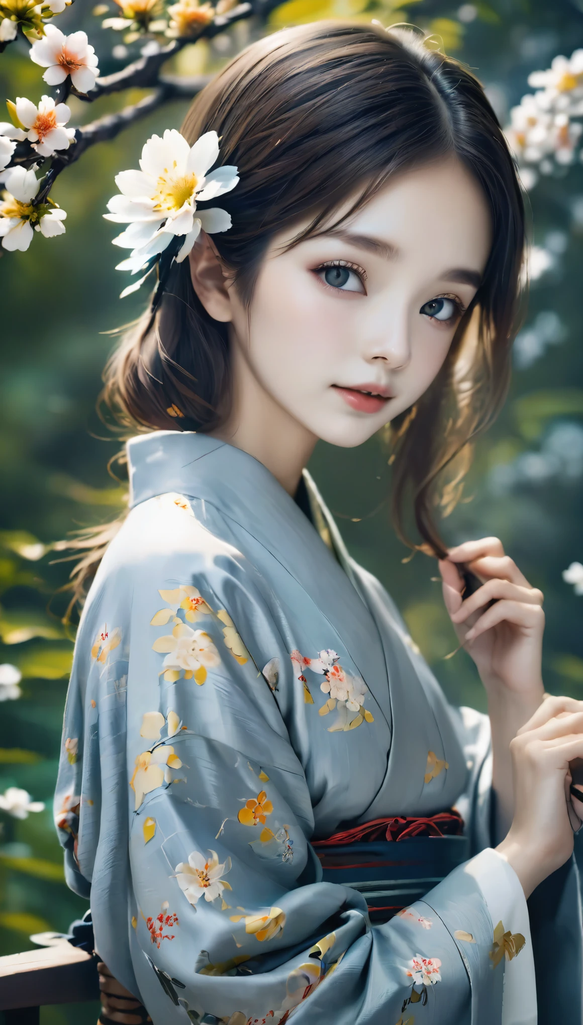 (((gray floral background:1.3)))、highest quality, Tabletop, High resolution, (((One Girl))), ,(((eyes are gray:1.3)))、Gray kimono、((美しいGray kimono)), Tyndall effect, Realistic, Shadow Studio,Ultramarine Lighting, Dual Tone Lighting, (High Definition Skins: 1.2)、Pale colored lighting、Dim lighting、 Digital SLR, photograph, High resolution, 4K, 8k, Background Blur,Beautiful fade out、gray flower world