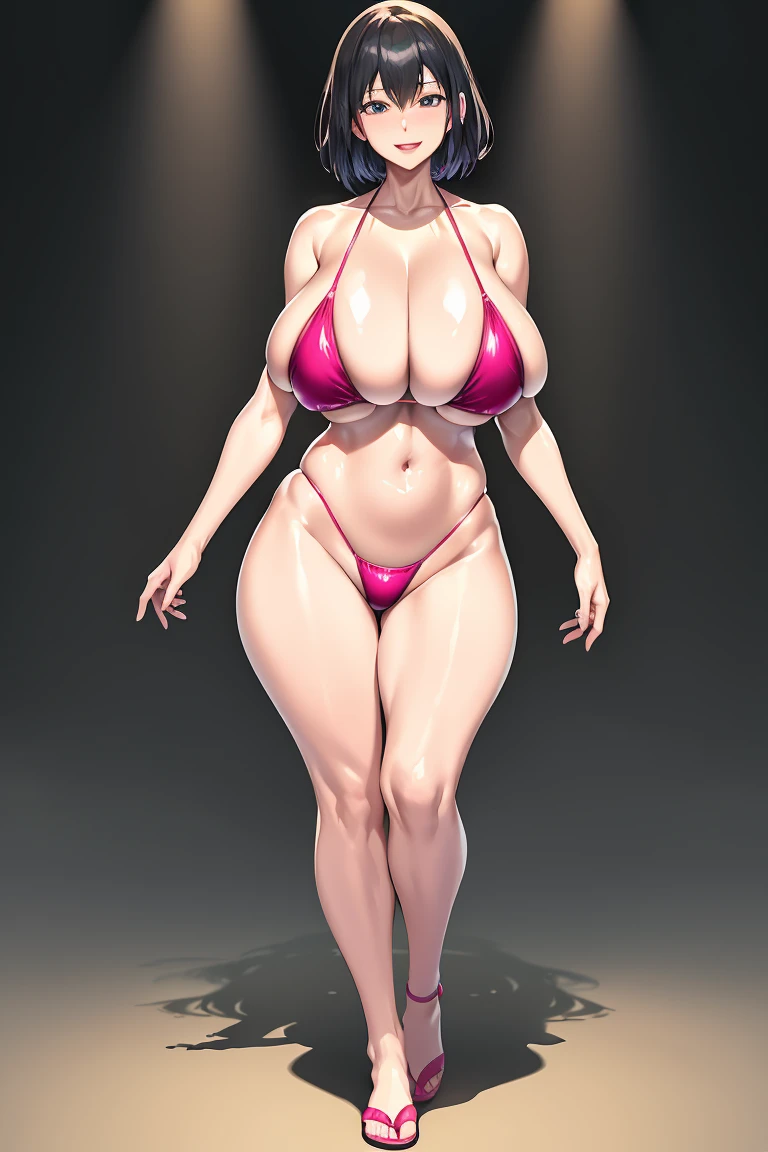 high resolution, extremely detailed CG, unity 8k wallpaper, super detailed skin, perfect anatomy, detailed, cinematic lighting, dynamic lighting, beautiful detailed eyes, (ultra-detailed、best quality、high resolution:1.8)、high picture quality、Finest quality、Highly detailed image quality、Realistic Woman、One lady、full body、walking、(looking straight:1.8), (Outstanding smile、Opens mouth and laughs:1.2)、japanes、Japanese face、Facing the front、looking straight、(milf:1.8)、married woman、(curvy body:1.4)、a navel、A dark-haired、short hair、Shiny skin、Oiled skin、high gloss skin、(Incredibly big huge breasts、cleavage of the breast:1.4)、(Gleaming biquint ring bikini:1.4)、(beach:1.5)、I'm sweaty、synthetic leather bikini、Oiled skin、glistning skin、high gloss skin:1.4)、(pigeon toed:1)
