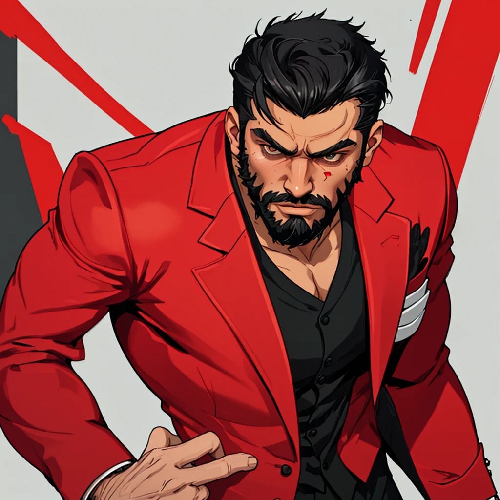 a young man with beard and short black hair, wearing a red and black suit, muscular physique, extremely detailed face, GTA V style