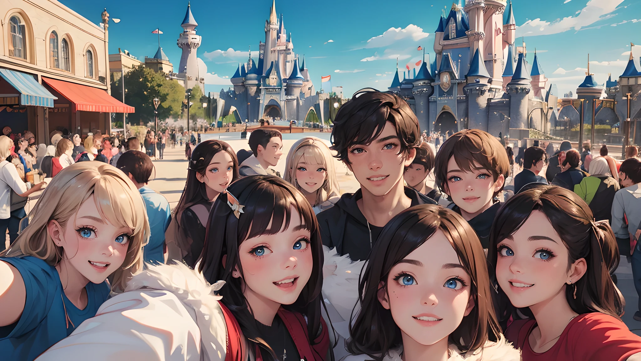 top quality, best quality, High-quality illustrations, masterpiece, super high resolution, detailed background, detailed background, An amusement park, Disneyland, group shot:0.5, 6+boys, 6+girls, Happy, joyful, absurdres(highly detailed beautiful face and eyes)perfect anatomy(Photos taken with friends)(kemono, furry anthro)selfie:0.5,