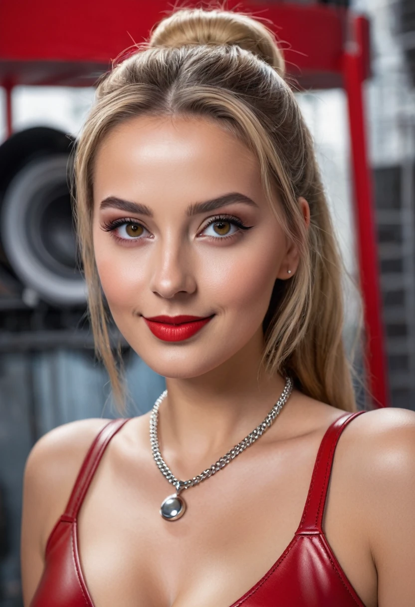 hyperrealistic beautiful busty 18-year-old women with long legs wearing metallic red leather catsuit, model shooting full body photography, natural blonde classic bun, dark eye makeup with eyeliner, seductive smile, small necklace, 8K, Best quality, Meisterwerk, ultra high resolution, (Realismus: 1.4), Originalfoto, (realistische Hautstruktur: 1.3), (Filmkorn: 1.3), (Selfie-Winkel), 1 girl, Beautiful round hazel eyes and facial details, Meisterwerk, Best quality, outdoor at terminator movie scene