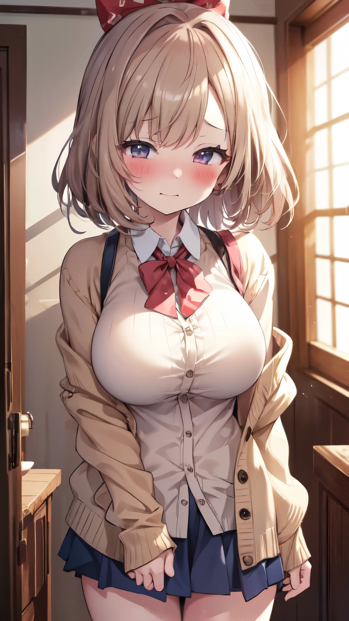 Very detailed、(8k, RAW Photos, highest quality, masterpiece:1.2), (Very detailed 8k 壁紙),shape、Professional Lighting,Sharp focus, Written boundary depth、
Browsing Caution、Clear Eyes、Perfect Anatomy、With a girl、12 years old、Big Breasts、(blush:1.5)、、(Beige cardigan:1.2)、White collar shirt、bow tie 、Micro Mini Skirt、、、,、imminent kiss,
