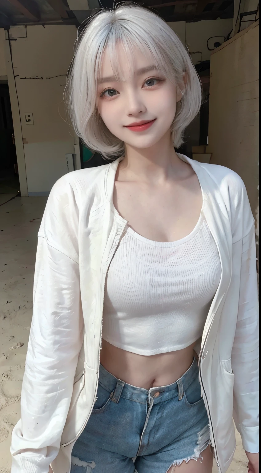 Best image quality、RAW Photos、超A high resolution、21 years old Korean、Small breasts、Dynamic Angle、Cowboy Shot、Chaos in its most beautiful form、elegant、Brutalist Design、Vibrant colors、Beautiful white hair、Short Bob、smile、fun、smile、Glowing White Skin、Beautiful eyes with random colors、Very thin lips、Beautiful eyes in every detail、length, Narrow eyes、Cheeks are pale pink、length eyelashes、Beautiful double eyelids、eye shadow、Bright white hair、Black cropped top、Lightweight see-through jacket、hot pants、Sandy Beach、turn around