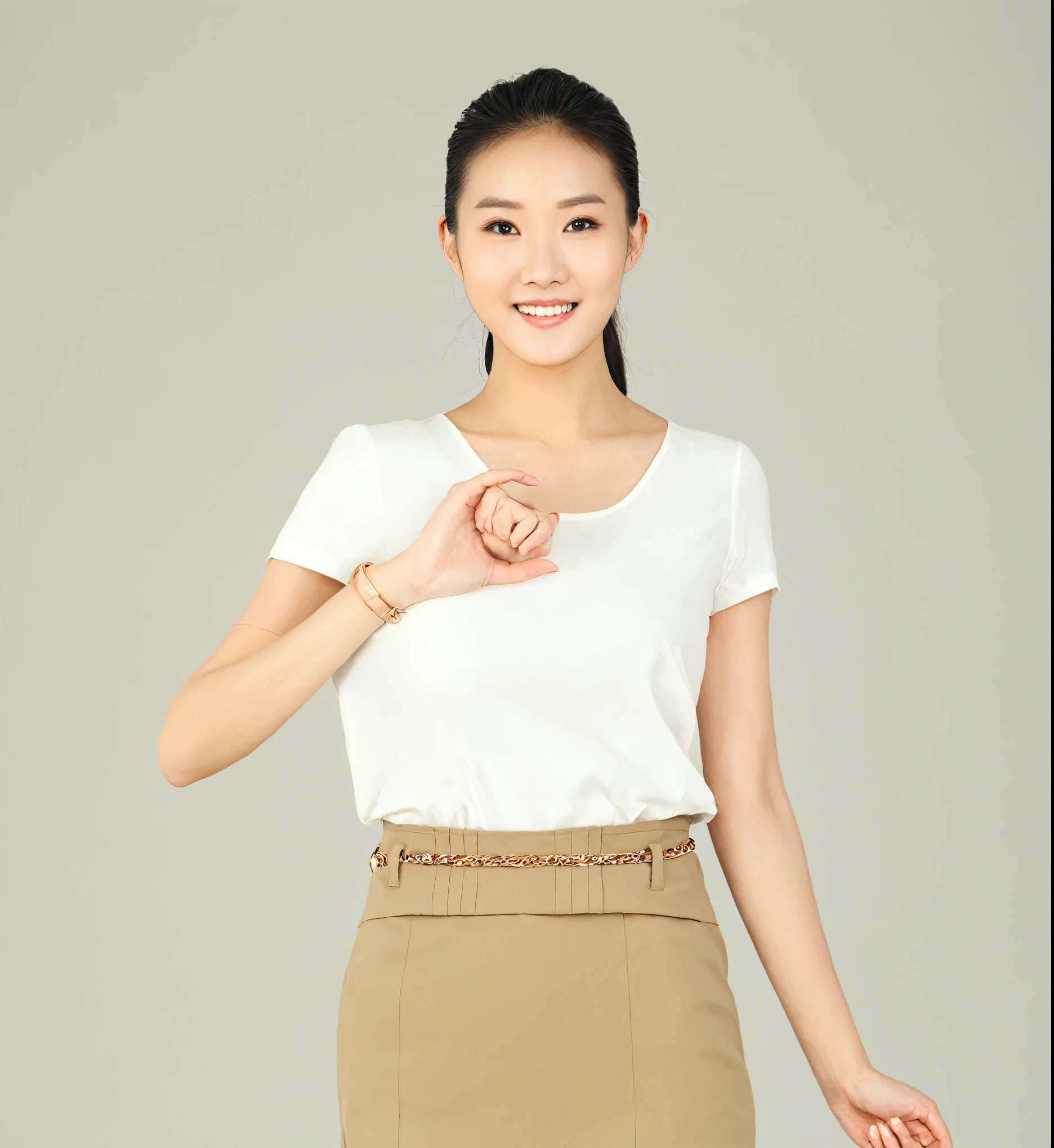 Alafiid woman in skirt and white shirt posing for photo, Photos of slim girl models, Office attire for women, Elegant smiling posture, Elegant slim fit beige shirt, T-pose, T-pose, Korean female fashion models, elegant confident posture, t posture, heise-lian yan fang, Female Model, Li Zixin, Official product images