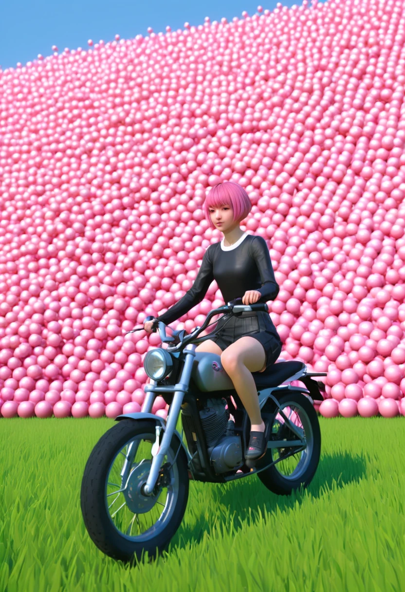 a woman riding a bike through a field of pink balls, a low poly render, inspired by Nagasawa Rosetsu, trending on pixiv, realism, cute girl with short pink hair, beautiful avatar pictures, pink waterfalls, hyper-realistic cg