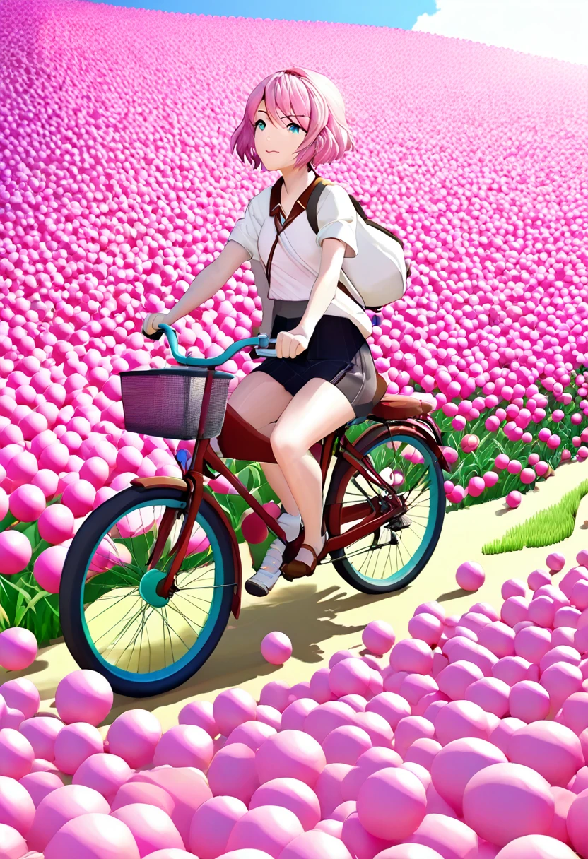 a woman riding a bike through a field of pink balls, inspired by Nagasawa Rosetsu, pixiv contest winner, rimuru tempest, from yowamushi pedal, detailed cover artwork, material is!!! watermelon!!!