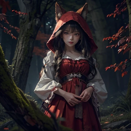 Standing in the forest、Hair flow、 ((highest quality、masterpiece、8k、Best image quality、Ultra-high resolution、Award-winning works)、(Accurate anatomy:1.1)、(Look at me and smile:1.1)、Shining fair skin with Ultra-high resolution、The most detailed face、Ultra-high resolution detailed face、Ultra-high resolutionの髪の毛、(Ultra-high resolution eye:1.1)、Beautiful face drawn in every detail、little red riding hood　Costumes , Chest to chest,  Strange atmosphere, A real werewolf stares at her..., Dark Light, in the forest , Overall composition using wide-angle Lenovo-style scenery
