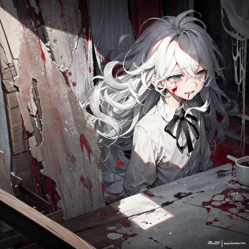 komaeda_nagito,1boy, alone,crying,aesthetic,extremely detailed,teary eyes,soaked lashes,emotional expression,intense sadness,dripping tears,rosy cheeks,crazy eyes,crazy smile,mental illness,messy hair,true-to-life textures,highly refined details,perfect anatomical structure,dramatic lighting,seamless blending of colors,vibrant hues,artistic composition,breathtaking realism,masterful craftsmanship,highly emotional scene,silent sorrow,in a mental asylum, dim lighting, blood splatter, horror, creepy, hospital bed,moisture in the air, stark contrast,moody ambiance,luminous glow,shimmering highlights,subtle shadows,precise contours,striking emotion,fluid brush movements,touching portrayal,painstaking attention to detail,aesthetically pleasing,heart-wrenching,deeply moving artistry