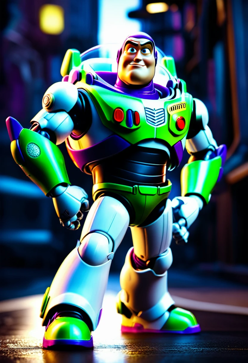 Buzz Lightyear, a highly detailed 3d render of buzz lightyear, incredibly realistic, hyperrealistic, 8k, 4k, extremely intricate details, dynamic lighting, cinematic camera angle, metallic textures, glossy paint, shiny plastic, vibrant colors, complex machinery, futuristic design, dramatic pose, heroic expression