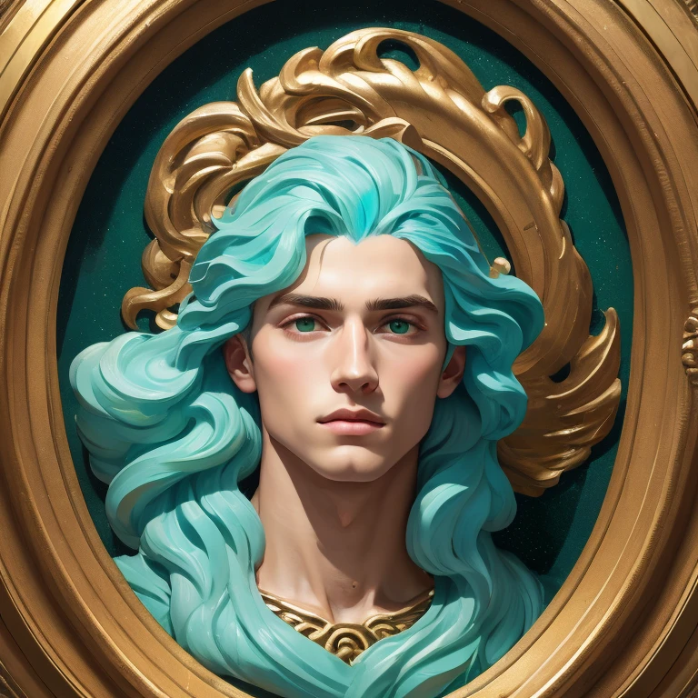 bronze turquoise mix, bas - relief carved in fluorescent aquamarine and green marble mix, beautiful portrait of celtic young man, oil painting knife palette sculpture, square metallic rag background, straight head, van gogh, swirls spiral at the background, gold circle