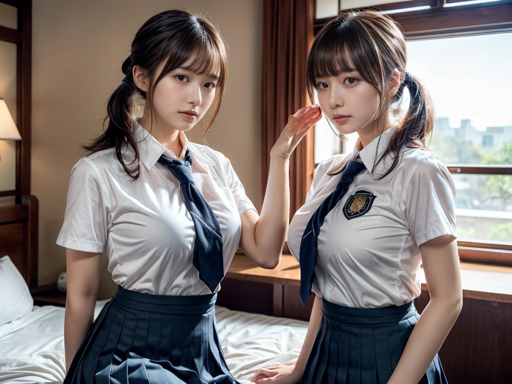(RAW photo, 4k, masterpiece, high resolution, extremely complex) (realistic: 1.4), cinematic lighting
((2 girls, 2 schoolgirls)),Slam Dunk's,blushing,((innocent)),(Dark makeup),bright eyes,round eyes,blunt bangs,(ponytail, from front:1.3),black hair,large breasts,wide hips,Summer Noon, ,Hot, (Best Quality), (Highres), (an Extremely Delicate and Beautiful),(Beautiful 8k face),(Brown eyes),short bob hair,( spectators),(gigantic breasts),(Play with each other,Touching each other's bodies,Touching the body),(Japanese high school uniform:1.3),blue skirt,(reality),bright lighting,(The background is a luxury hotel room)