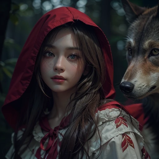 Standing in the forest、Hair flow、 ((highest quality、masterpiece、8k、Best image quality、Ultra-high resolution、Award-winning works)、(Accurate anatomy:1.1)、(Look at me and smile:1.1)、Shining fair skin with Ultra-high resolution、The most detailed face、Ultra-high resolution detailed face、Ultra-high resolutionの髪の毛、(Ultra-high resolution eye:1.1)、Beautiful face drawn in every detail、little red riding hood　Costume , Chest to chest,  Strange atmosphere, A real werewolf stares at her.., Dark Light, in the forest , Heavy makeup 