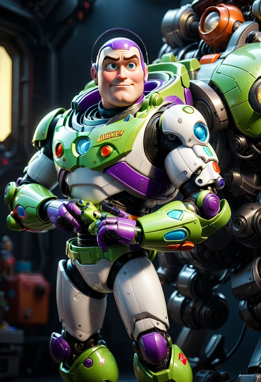 Buzz Lightyear, a highly detailed 3d render of buzz lightyear, incredibly realistic, hyperrealistic, 8k, 4k, extremely intricate details, dynamic lighting, cinematic camera angle, metallic textures, glossy paint, shiny plastic, vibrant colors, complex machinery, futuristic design, dramatic pose, heroic expression