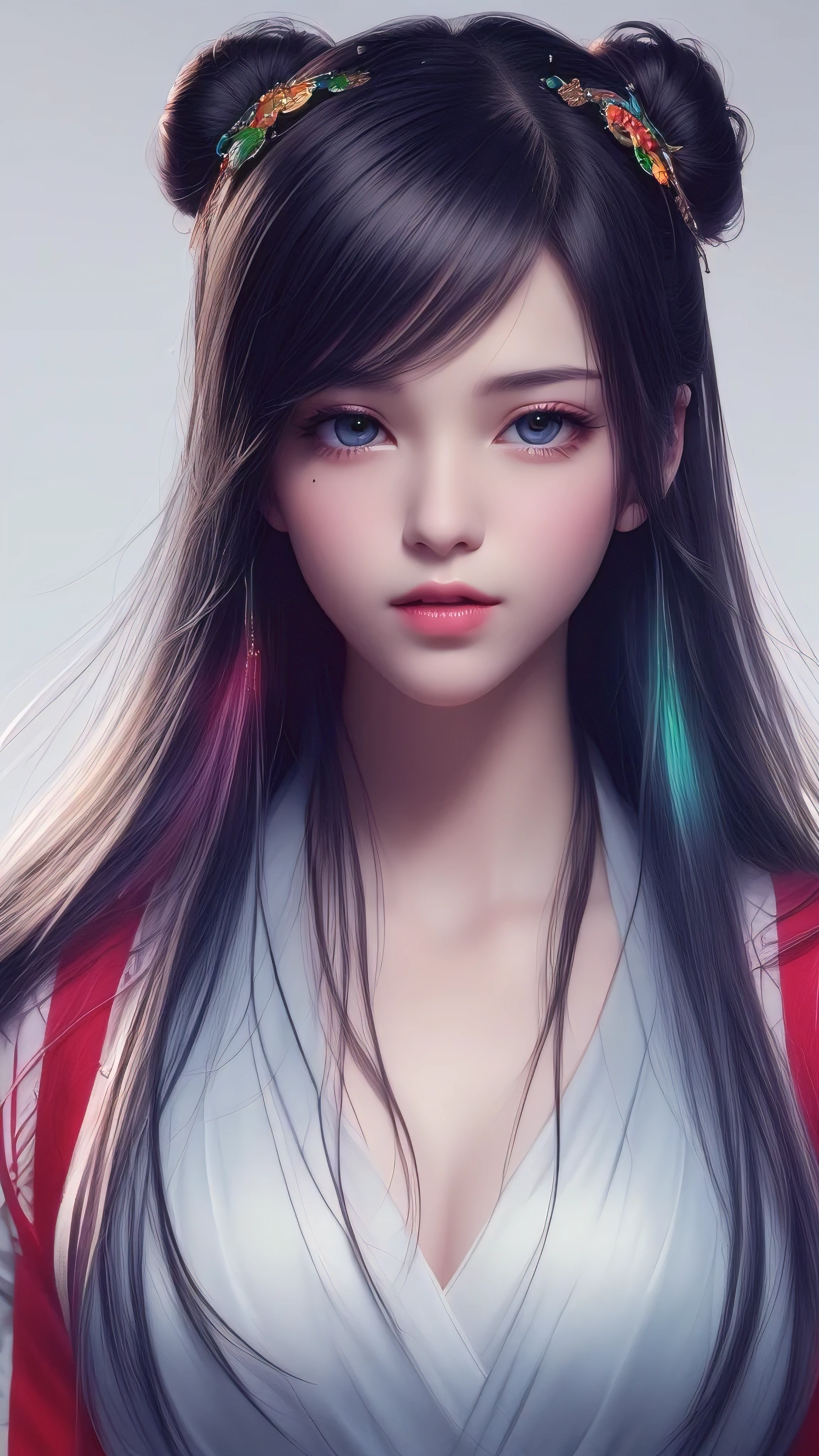 (8K, Raw Photos: 1.2), best quality, illustration, Beautiful painting, 1 female, Pretty Face, Delicate skin, Gorgeous bun, Hair accessories, Hanfu, whole body, High Detail, accent, Color ink painting, Ink splash color, ((((rich and colorful))), lycoris, sketch, Denoising, Ink splatter, Dramatic, Movie, Particle Effects, Fairy style, White background, Ultra-high resolution, The best shadow, Raw, (HDR) (wallpaper) (Movie lighting) (Clear focus), masterpiece, (Very detailed CG unified 8K wallpaper)