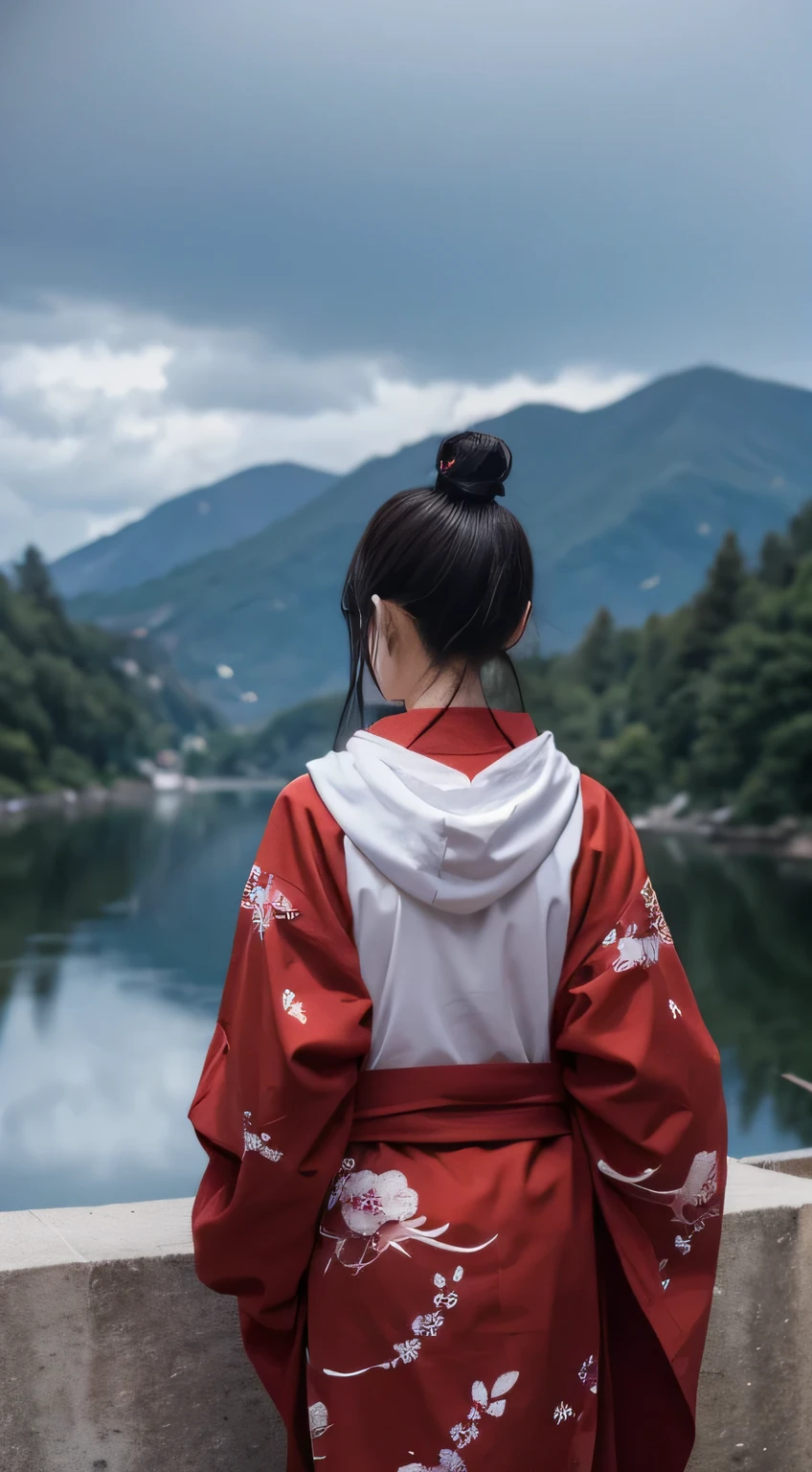1man, Rengoku Kyojuro kimetsu no yaiba, wearing hoodie with demon slayer image, Rengoku Kyojuro hairstyle, stand alone, hoodie detailed, overlooking to river, from back, back view, 8k, ultra hd, ultra detailed, masterpiece.