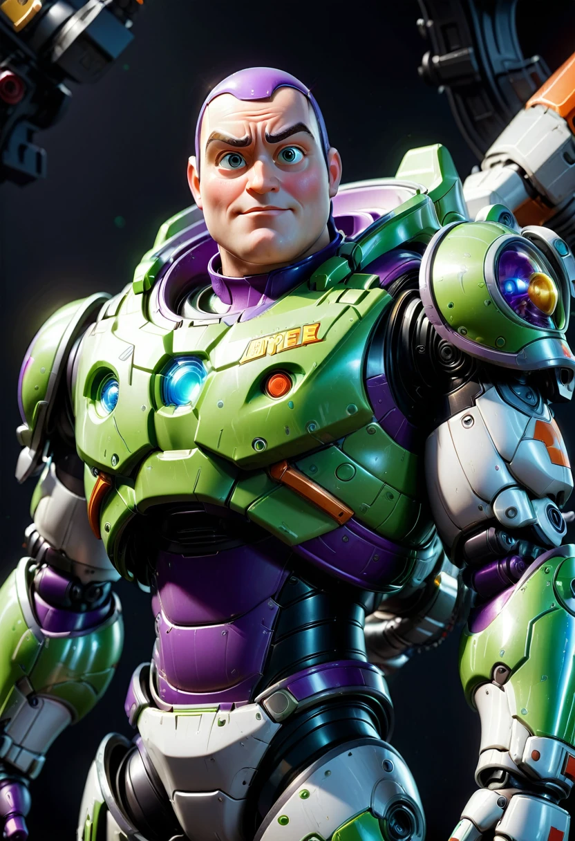 Buzz Lightyear, a highly detailed 3d render of buzz lightyear, incredibly realistic, hyperrealistic, 8k, 4k, extremely intricate details, dynamic lighting, cinematic camera angle, metallic textures, glossy paint, shiny plastic, vibrant colors, complex machinery, futuristic design, dramatic pose, heroic expression