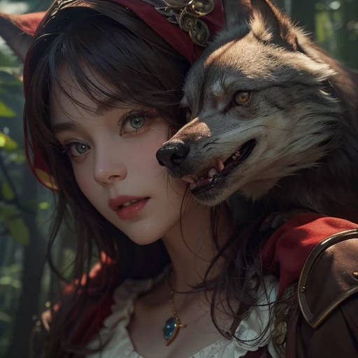Standing in the forest、Hair flow、 ((highest quality、masterpiece、8k、Best image quality、Ultra-high resolution、Award-winning works)、(Accurate anatomy:1.1)、(Look at me and smile:1.1)、Shining fair skin with Ultra-high resolution、The most detailed face、Ultra-high resolution detailed face、Ultra-high resolutionの髪の毛、(Ultra-high resolution eye:1.1)、Beautiful face drawn in every detail、little red riding hood　Costumes , Chest to chest,  Strange atmosphere, A real werewolf stares at her..., Dark Light, in the forest , gorgeous accessories 