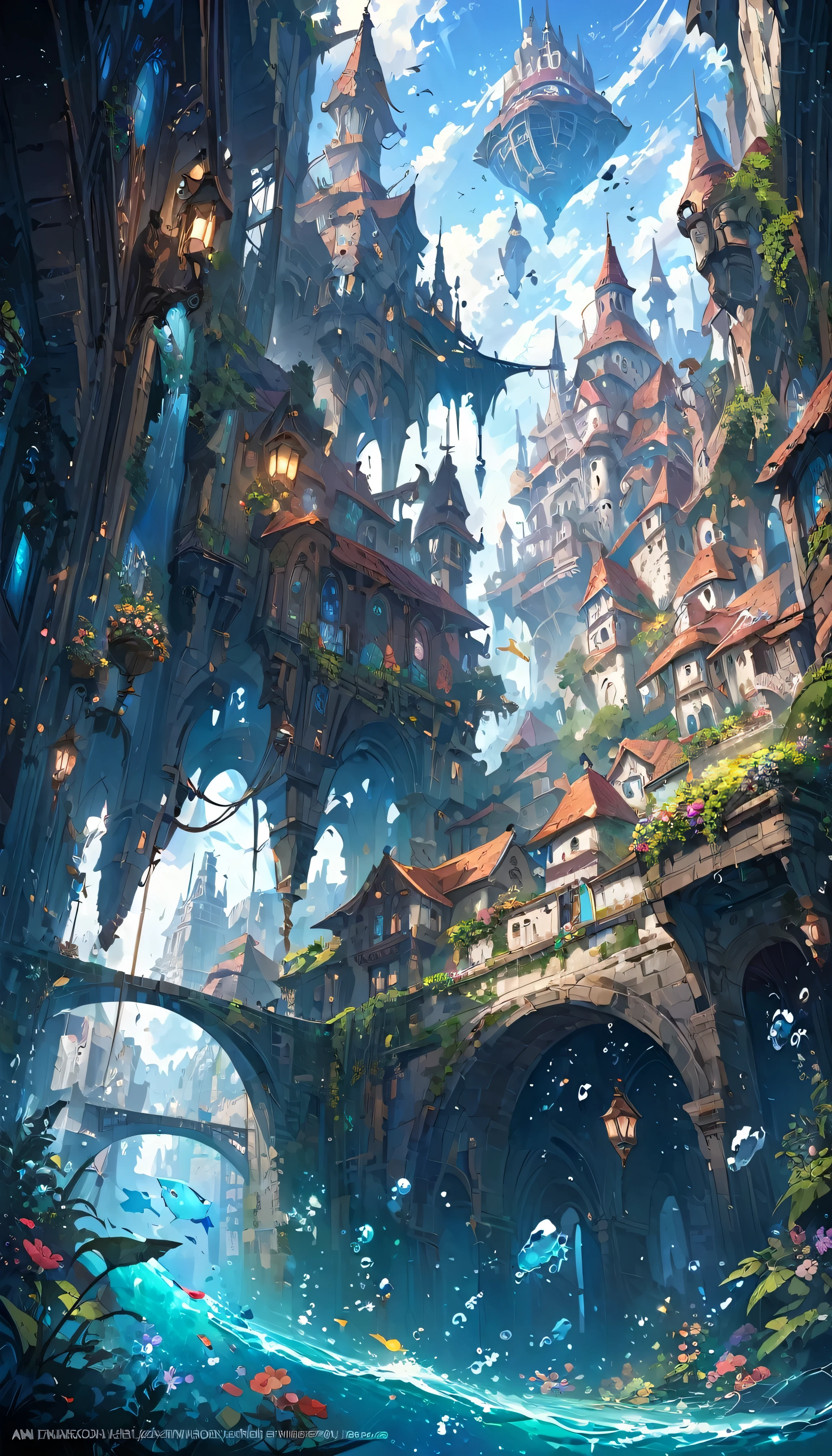 color (Fantasy: 1.2), (Hayao Miyazaki style), (Irregular Building Floating in the Sea), Patchwork Cottage, Floral decoration, Light, Concept art inspired by Andreas Rocha, Artstation Contest Winner, Fantasy art, (an underwater city), Ross Tran, Light shaft, Realistic lighting, masterpiece, high quality, Beautiful graphics, Attention to detail, masterpiece, high quality, Beautiful graphics, Attention to detail,