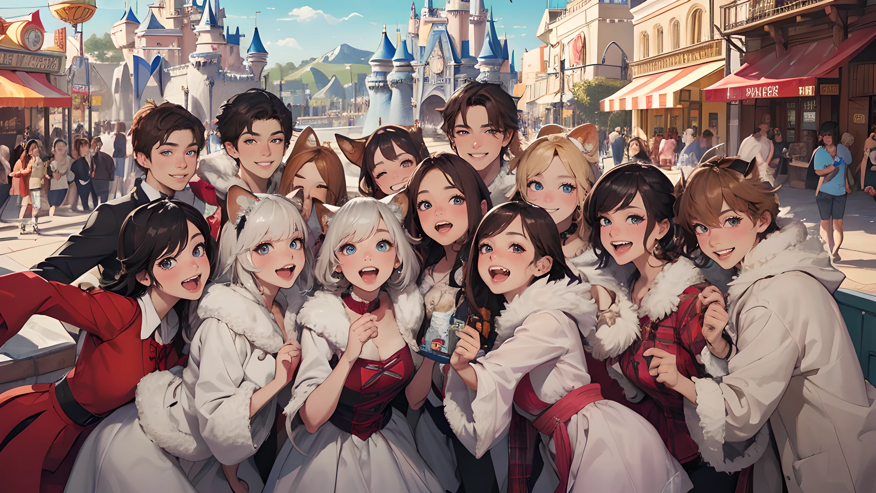 top quality, best quality, High-quality illustrations, masterpiece, super high resolution, detailed background, detailed background, An amusement park, Disneyland, group shot:0.5, 6+boys, 6+girls, Happy, joyful, absurdres(highly detailed beautiful face and eyes)perfect anatomy(Photos taken with friends)(kemono, furry anthro)selfie:0.5,