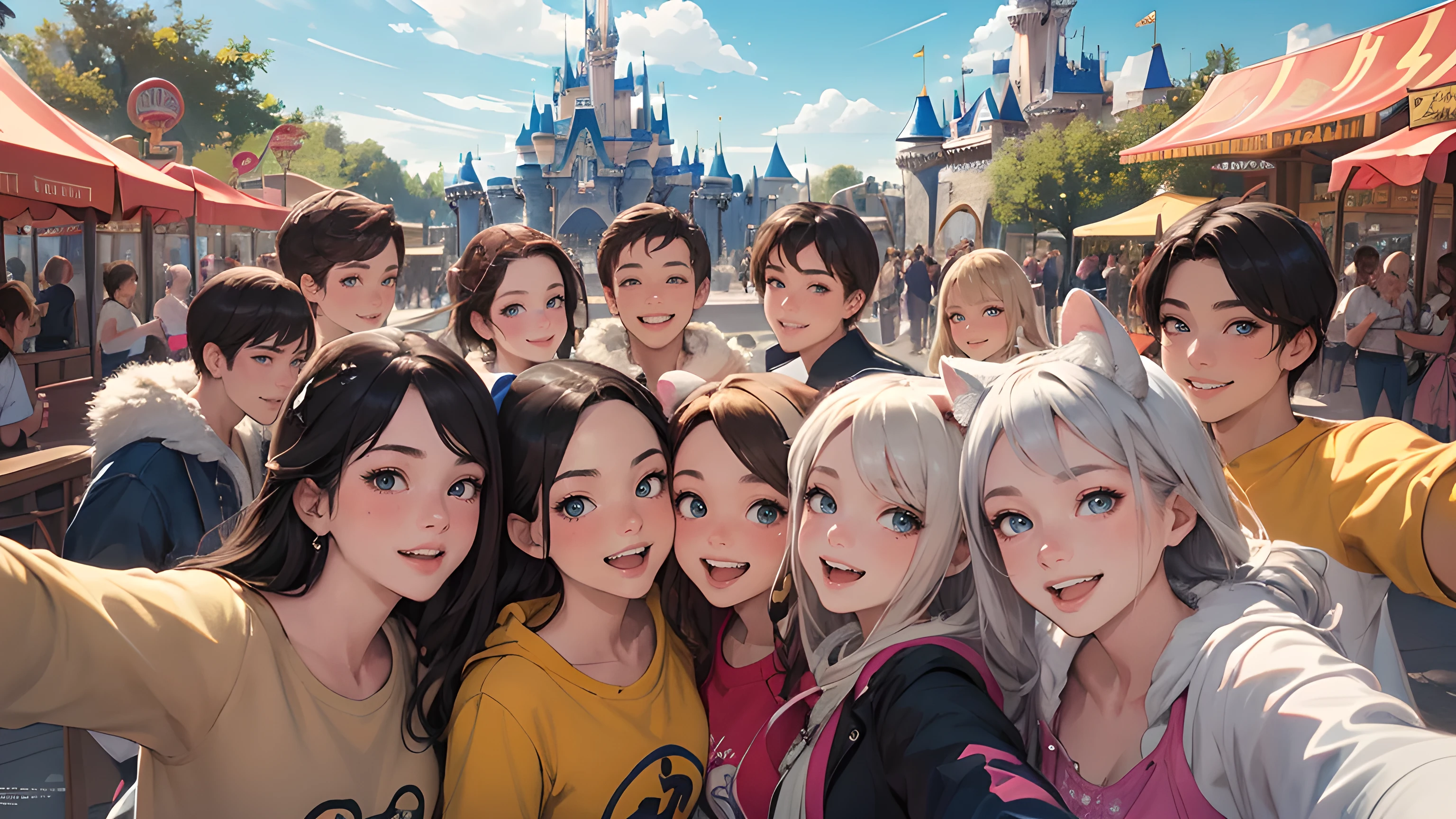 top quality, best quality, High-quality illustrations, masterpiece, super high resolution, detailed background, detailed background, An amusement park, Disneyland, group shot:0.5, 6+boys, 6+girls, Happy, joyful, absurdres(highly detailed beautiful face and eyes)perfect anatomy(Photos taken with friends)(kemono, furry anthro)selfie:0.5,