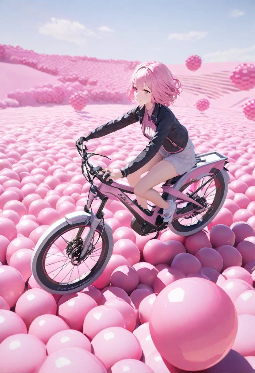 a woman riding a bike through a field of pink balls, a low poly render, inspired by Nagasawa Rosetsu, trending on pixiv, realism, cute girl with short pink hair, beautiful avatar pictures, pink waterfalls, hyper-realistic cg