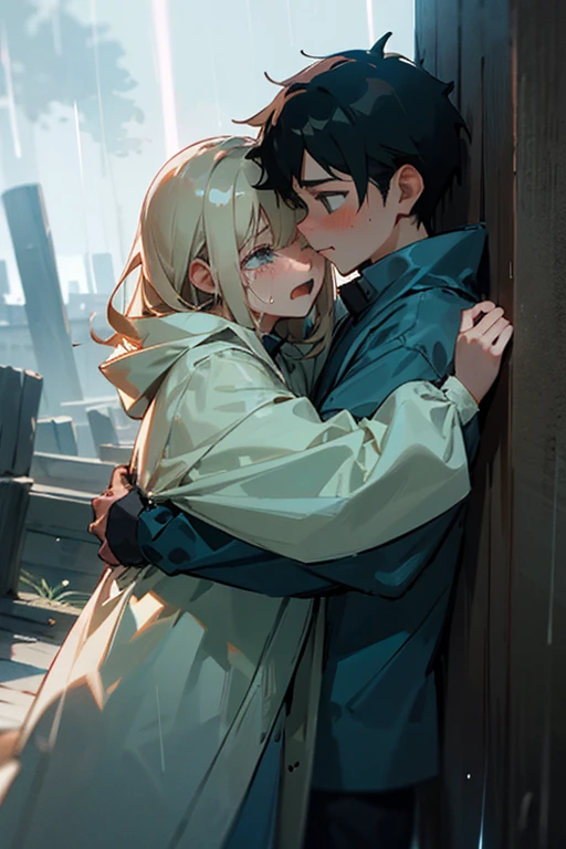 Young boy and girl, wearing raincoats (long sleeves), hugging in a thunderstorm, the girl is clingy, scared and buries her face onto his chest and cries on him