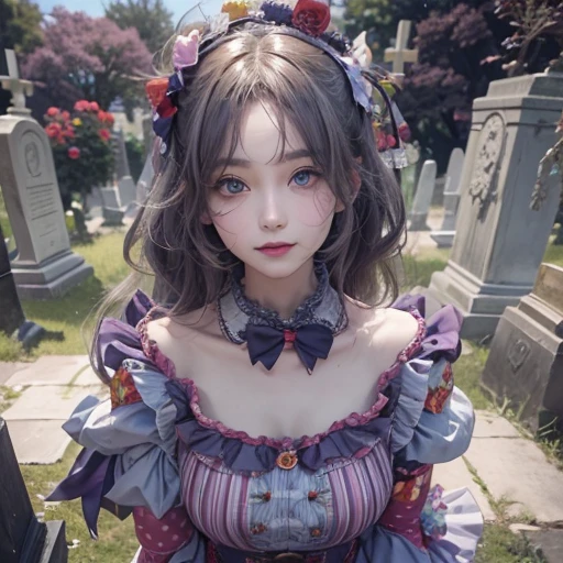 Standing in the grave、Hair flow、 ((highest quality、masterpiece、8k、Best image quality、Ultra-high resolution、Award-winning works)、(Accurate anatomy:1.1)、(Look at me and smile:1.1)、Shining fair skin with Ultra-high resolution、The most detailed face、Ultra-high resolution detailed face、Ultra-high resolutionの髪の毛、(Ultra-high resolution eye:1.1)、Beautiful face drawn in every detail、Cheerful clown costume, Chest to chest, Strange atmosphere, Ghosts flow, Dark Light, At the cemetery, Heavy makeup