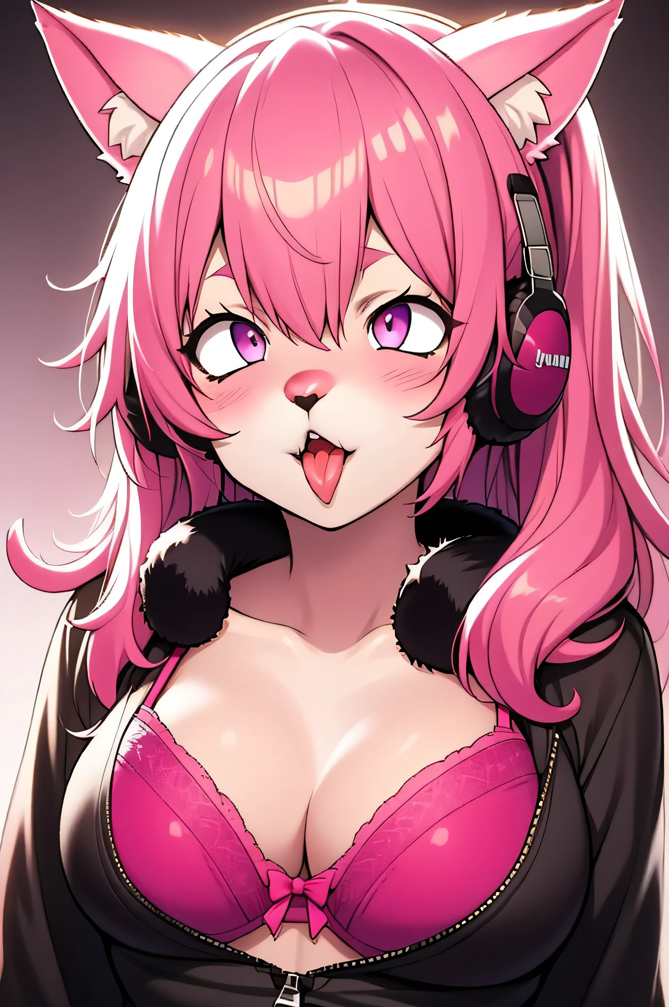 Masterpiece, 1girl, purple eyes, glowing eyes, hot pink hair, red lips, closeup portrait, upper body, bangs, high ponytail, bangs to the side, long curly, messy hair, busty, orange hoodie, unzipped hoodie, pink bra, big breast, ahegao, ahegao face, red headphones, furry, animal ears, furry skin, fur, animal, cat woman,  (illustration), (anime), detailed, ((intricate details)), hdr, ((intricate details, hyperdetailed)) headshot, head in frame, full frame, perfect centering, head in photo, shot from top, looking up, portrait 