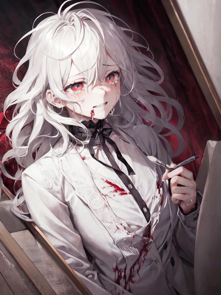 komaeda_nagito,1boy, alone,crying,aesthetic,extremely detailed,teary eyes,soaked lashes,emotional expression,intense sadness,dripping tears,rosy cheeks,crazy eyes,crazy smile,mental illness,messy hair,true-to-life textures,highly refined details,perfect anatomical structure,dramatic lighting,seamless blending of colors,vibrant hues,artistic composition,breathtaking realism,masterful craftsmanship,highly emotional scene,silent sorrow,in a mental asylum, dim lighting, blood splatter, horror, creepy, hospital bed,moisture in the air, stark contrast,moody ambiance,luminous glow,shimmering highlights,subtle shadows,precise contours,striking emotion,fluid brush movements,touching portrayal,painstaking attention to detail,aesthetically pleasing,heart-wrenching,deeply moving artistry