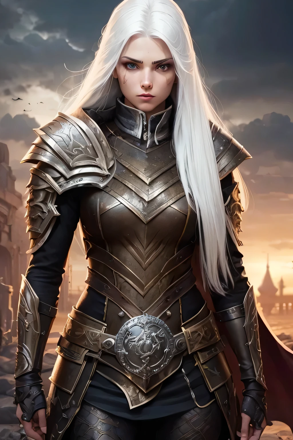 dnd, young, strong body, female, aasimar, warlock, hexblade, face tatoo, dirty clothes, long hair, white hair, full plate armor, leather brown adornments, battle background, white iris, hight quality