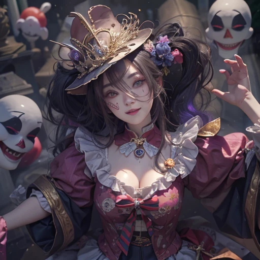 Standing in the grave、Hair flow、 ((highest quality、masterpiece、8k、Best image quality、Ultra-high resolution、Award-winning works)、(Accurate anatomy:1.1)、(Look at me and smile:1.1)、Shining fair skin with Ultra-high resolution、The most detailed face、Ultra-high resolution detailed face、Ultra-high resolutionの髪の毛、(Ultra-high resolution eye:1.1)、Beautiful face drawn in every detail、Cheerful clown costume, Chest to chest, Strange atmosphere, Ghosts flow, Dark Light, At the cemetery, Heavy makeup