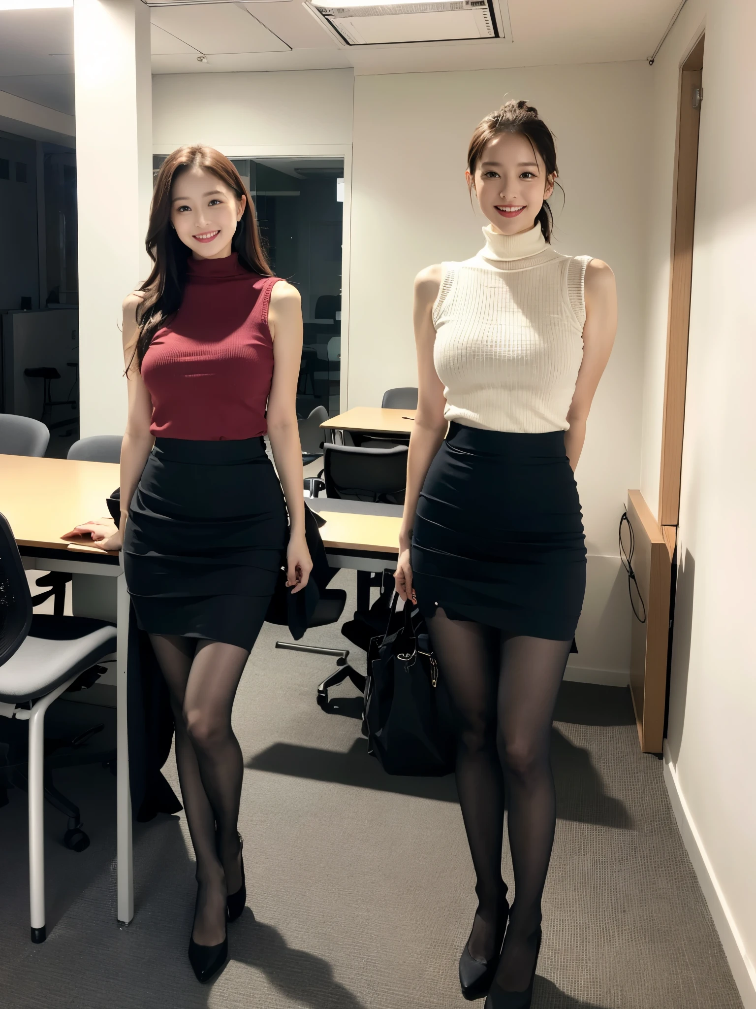 ulzzang-6500-v1.1,  (RAW Photos:1.2), (Photorealistic), Beautiful details, (Genuine: 1.4), One woman、Very detailed目と顔, Beautiful and fine details, Standing in the office、(Sleeveless high neck sweater、flare skirt:1.3)、(Ultra-realistic pantyhose:1.6、High heels)、Stand with your legs crossed、Large file size, High resolution, Very detailed, highest quality, [masterpiece:1.6], Awareness-raising, Very detailed, Hmph, In detail, highest quality, 8k wallpaper, Cinema Lighting, One mature woman, 43 years old, Perfect figure, Cute droopy eyes、Beautiful big eyeastepiece)), highest quality, One mature woman, eye shadow, Portraiture, ((Full Body Shot:1.2))、(A very loving smile:1.2)、