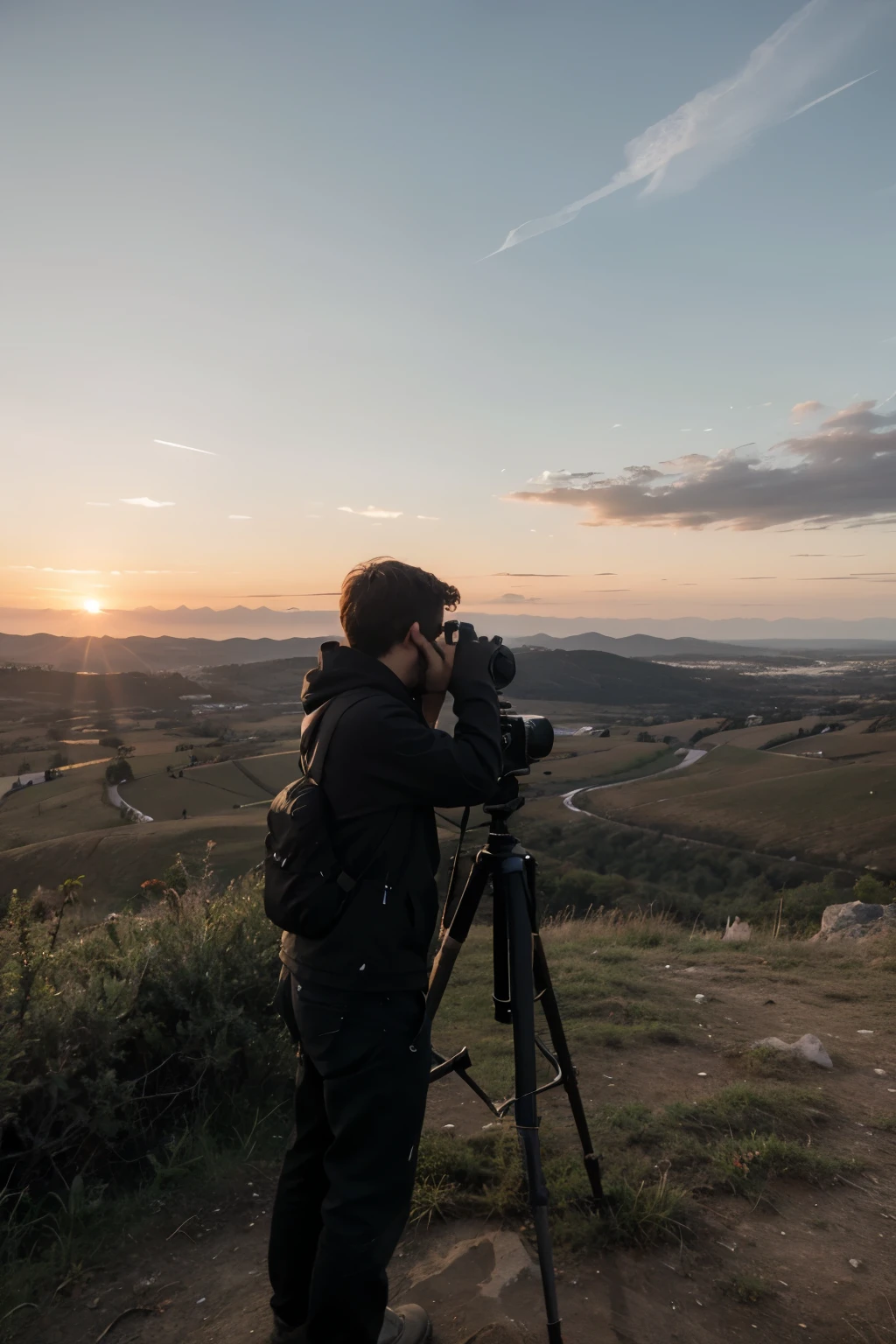 boy photographer in black on the top of the plateau watching the sunset