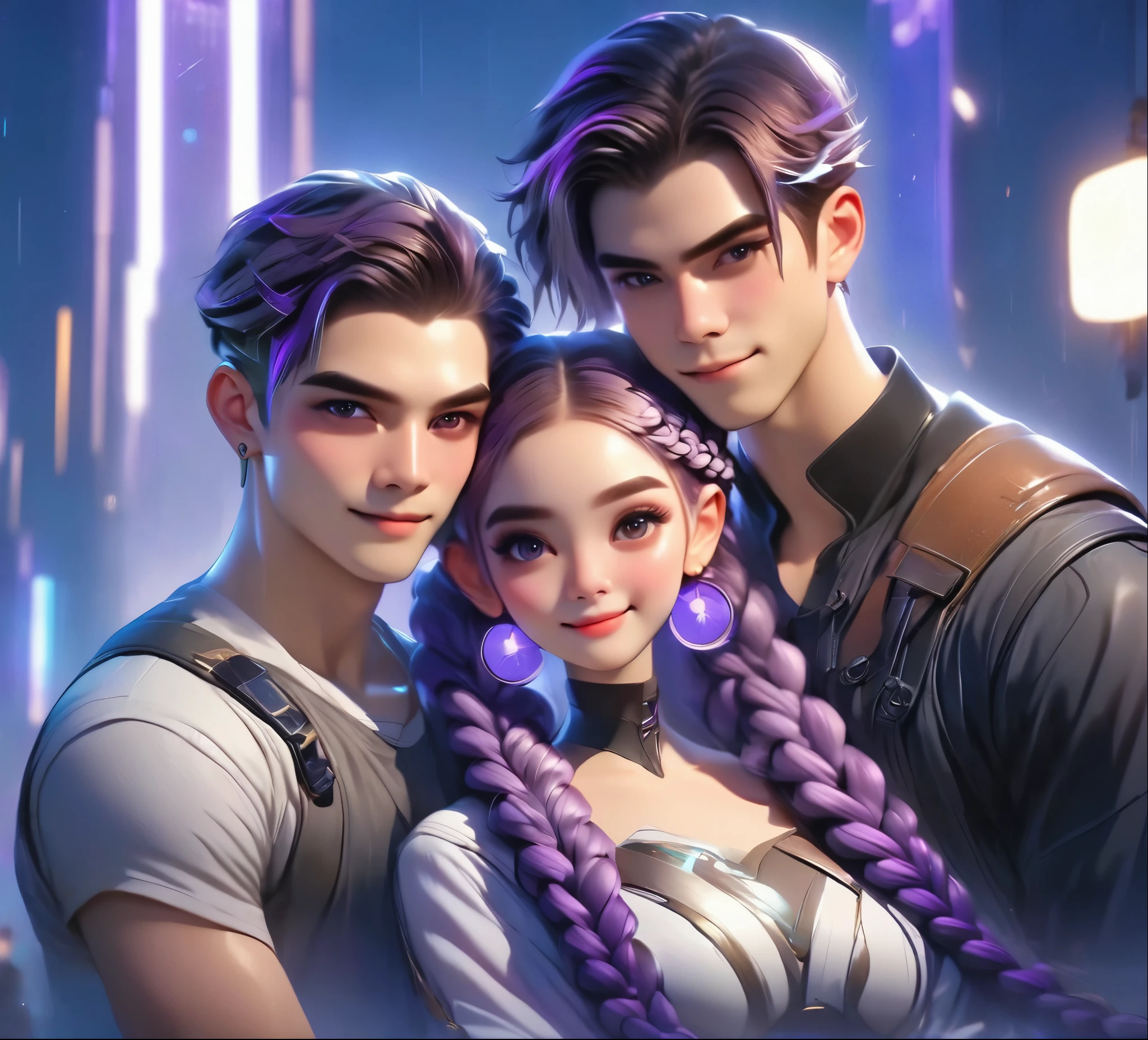 1 boy,Girl with purple and white gradient double braids,romantic couple,Smiling Face,as thick as thieves,Background blur,high quality,Artistic sense,cinematic atmosphere,Luxury lighting