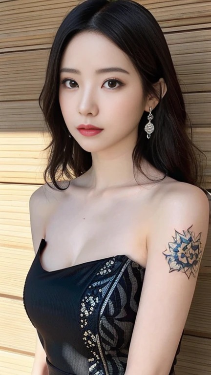 Anime-style woman, thin, thin, whole body, Full of tattoos, Lots of earrings, Beautiful and shiny hair, Rainbow Eyes, Slanted Eyes, Wavy Hair, Kind and charming, Expose your shoulders, Delicate and sexy collarbone, Attractive oval face, double eyelid, Pink Lips, Small Nose, Concentrated face, Ultra-high resolution, Very detailed, Graceful posture, Nice, ultra-thin, Transparent black Isekata Inden pattern mini dress, Glowing Skin, Realistic Background, sunlight